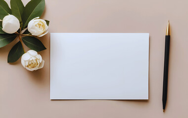 White blank invitation card mockup on the beige table. 5x7 ratio, similar to A6, A5