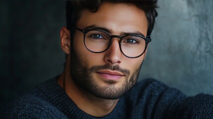 Obraz premium A portrait of a handsome man wearing glasses, gazing directly at the camera.