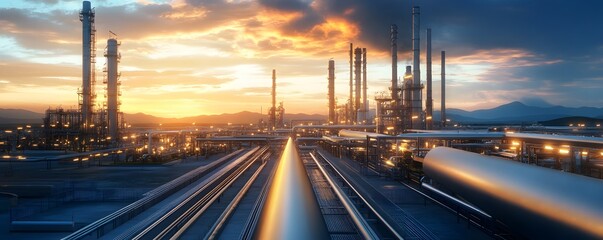 A stunning industrial landscape featuring oil refineries under a vibrant sunset sky, capturing the essence of energy production and technological advancement in the modern world.