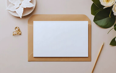 White blank invitation card mockup on the beige table. 5x7 ratio, similar to A6, A5