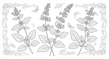 Intricate black and white illustration of Catnip flowers and leaves with decorative elements