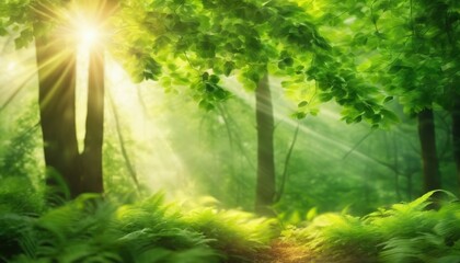 Fototapeta premium Enchanted Forest Sunlight: Abstract Natural Scene. Modern Woodland Illustration, Green Leaves Background, Fairy Tale