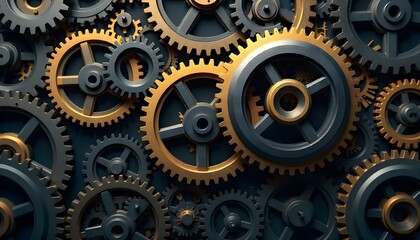 A digital illustration of interlocking gears in a monochromatic scheme, with vibrant contrasts