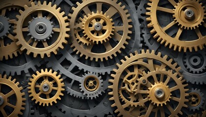 A digital illustration of interlocking gears in a monochromatic scheme, with vibrant contrasts