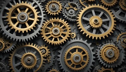 A digital illustration of interlocking gears in a monochromatic scheme, with vibrant contrasts