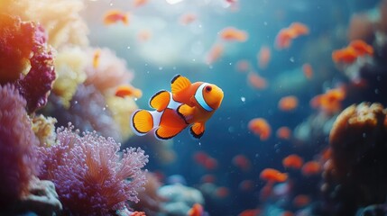 Fototapeta premium Clown fish swimming in an aquarium, adding color and life to the scene.