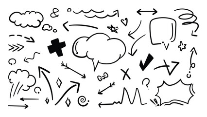 Set of cute pen line doodle element vector. Hand drawn doodle collection of heart, arrows, scribble, speech bubble, star. Design for print, cartoon, card, decoration, sticker.