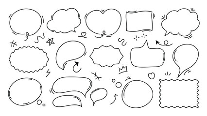 Set of speech bubble doodle element vector. Hand drawn doodle collection of different speech bubble symbol, arrow. Illustration design for print, cartoon, card, decoration, sticker, icon.