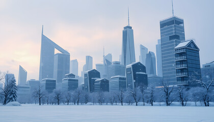 Cold winter with heavy snow of a futuristic city with modern skyscraper buildings , with white tonespng