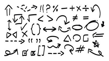 Set of black hand drawn arrow element vector. Collection of doodle arrows, lines, symbol, shapes on white background. Simple icon illustration for education, decoration, map.