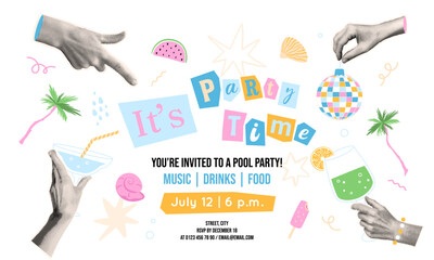 Party time banner in collage style. Summer cocktail weekend invitation template with halftone hands, drinks, hand drawn exotic elements. Vacation, summertime holiday event. Vector illustration.