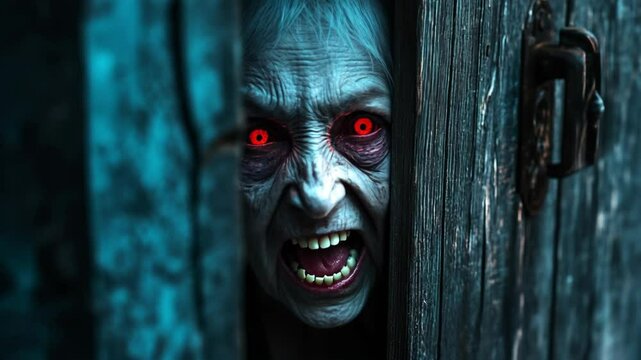 Creepy and scary old woman with red eyes, in horror style, figure screaming with creepy teeth in dark doorway   