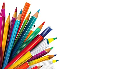 Fototapeta premium Colorful pencils and books; education supplies; white background; school art