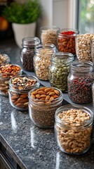 A variety of nuts and seeds are displayed in glass jars on a counter