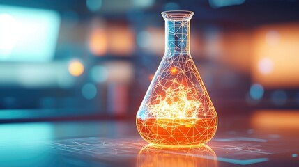 Biotechnology polygonal wireframe in advanced technology concept. Glowing laboratory flask with vibrant colored liquid and sparks.