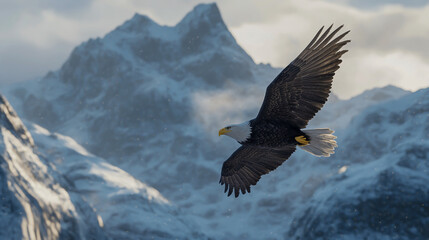 A bald eagle soaring over snow-covered mountains, photorealistic