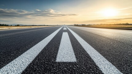 A newly paved road with crisp white lane markings under a clear sky.