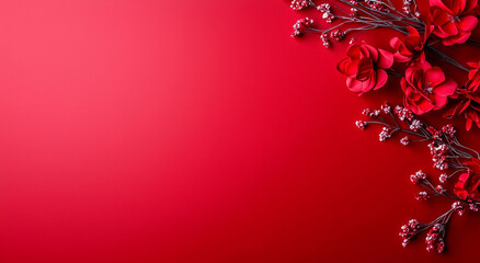 Vibrant red background with floral elements, featuring red flowers and delicate branches. This design evokes sense of passion and elegance, perfect for various creative projects