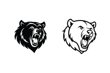 Grizzly Bear and Polar Bear Head, Vector, Roaring, Mascot, Logo, Design, Black, White, Illustration,