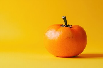 An orange fruit with a green stem sitting on a yellow surface