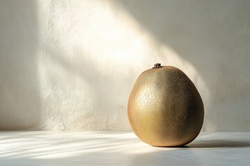 A singular golden kiwi fruit positioned with soft and beautiful lighting