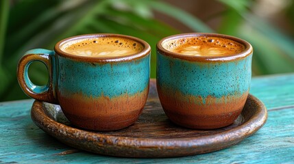 Two Cups of Coffee on Rustic Wooden Tray