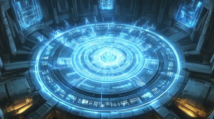 Obraz premium A top-down view of a glowing blue financial dashboard with key economic indicators.