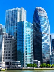 Modern Glass Skyscrapers Cityscape Under Bright Sunlight
