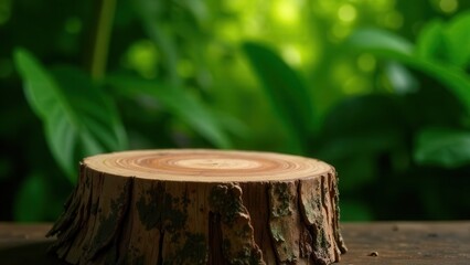 A smooth tree stump sits quietly on a wooden table surrounded by vibrant green leaves. Sunlight filters through the leaves creating a serene atmosphere of nature's tranquility.