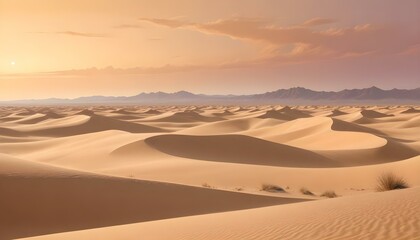 A digital illustration of a vast desert landscape, featuring rolling sand dunes under a bright, almost bleached-out sky