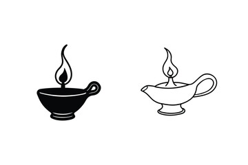 Oil Lamps, Aladdin Lamp, Flame, Light, Illumination, Design, Icons, Black, White, Symbols