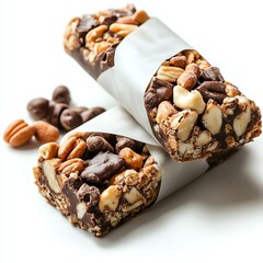 Isolated on white background. Nutty chocolate snack bars on white background.