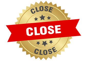 close. close round red and gold label isolated on transparent background