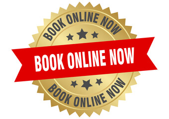 book online now. book online now round red and gold label isolated on transparent background