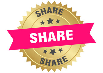 share. share round pink and gold label isolated on transparent background