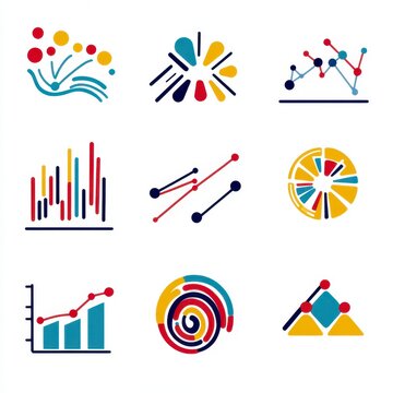 Collection of colorful abstract data charts and graphs. Includes bar charts, line graphs, pie charts, and scatter plots in a minimalist style.  Red, yellow, blue, and teal color palette.