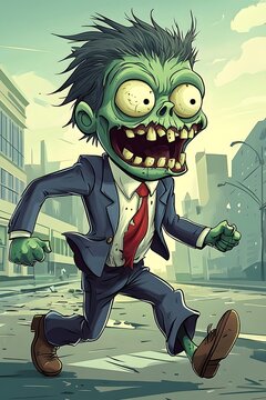 Cartoon Zombie in a Suit and Tie Running on a City Street &ndash; Cute Game Character Design