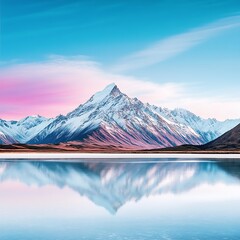 Snow Capped Mountain Peak Reflected in a Calm Lake at Sunrise