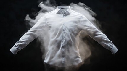 White shirt is shown with smoke coming out of it. The shirt is in a black background