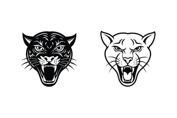 Black Panther and Cougar Heads Vintage Style, Tattoo Designs, Wild Cats