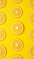 Fototapeta premium Orange slices, yellow background, fresh and bright.