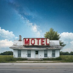 Distressed white motel under a night sky filled with stars. Weathered building with a rusty red motel sign. Rural landscape.