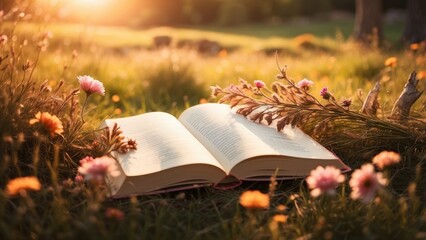 An open book lies on the ground,