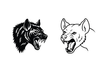 Two Hyena Heads, Black and White, Aggressive, Snout, Teeth, Wild, Animal, Vector, Illustration, Desi