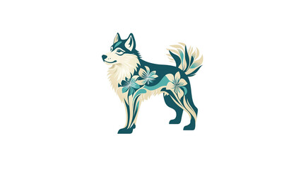 Fototapeta premium Ornate Floral Husky Dog Design, Teal and Beige, Vector Illustration