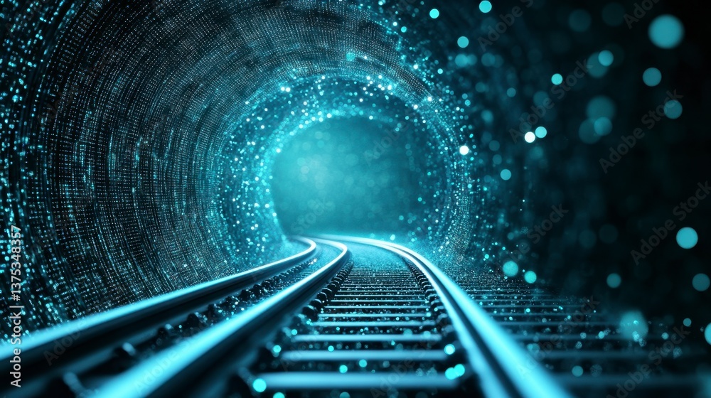 Fototapete Abstract image of train tracks disappearing into a glowing blue particle tunnel. Dark background, bright light at the end of the tunnel.