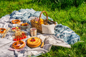 Picnic duvet and basket with different food, fruits, cake and pretzels on green grass in a park