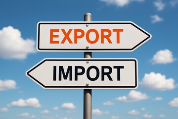 Export and Import Directional Signage Against a Bright Blue Sky with Fluffy Clouds