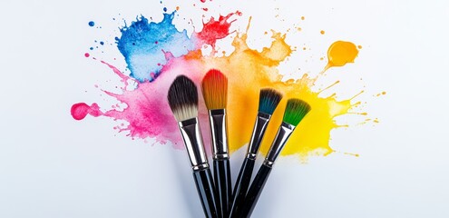 Group of paint brushes are displayed in a splash of colors. The brushes are arranged in a way that they look like they are painting a picture. The colors of the brushes are red, yellow, blue