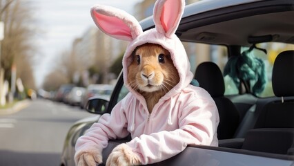 A large rabbit character in a costume,